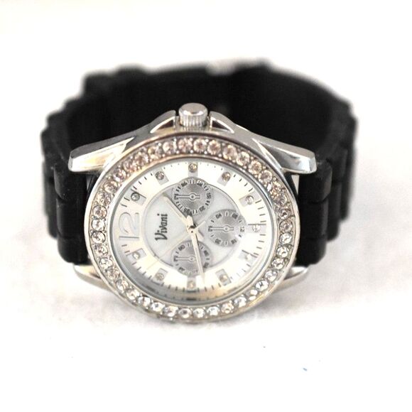 Vivani Rhinestone Accent Silver Tone Black Silicone Band New Battery Watch - Picture 5 of 5